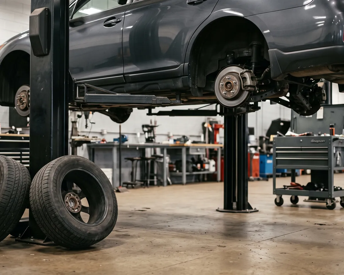 A bay in Columbus with a vehicle on the lift and all four wheels off